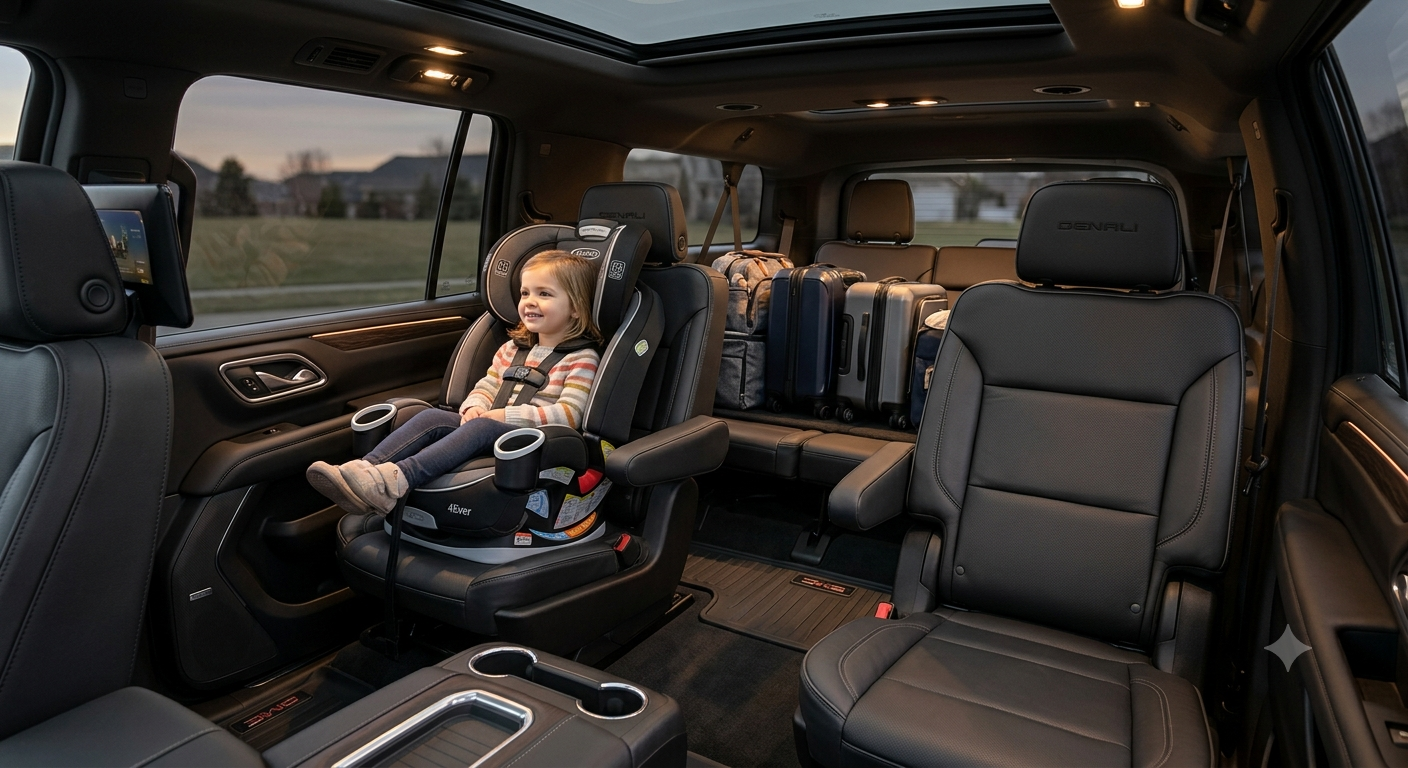 Child in car seat inside GMC Yukon Denali XL captain chair cabin