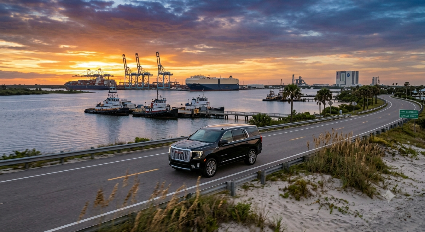 Black GMC Yukon Denali XL private car service driving along Florida's Space Coast near Port Canaveral